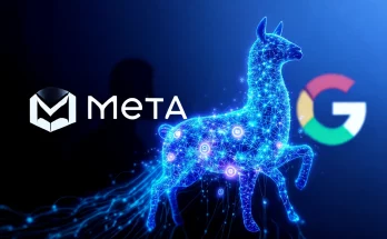 Futuristic illustration showing the Meta logo merging with a glowing Llama 4 AI neural network, challenging competitors OpenAI and Google, represented by background silhouettes. Highlights Meta's entry into the competitive AI model landscape with Llama 4.