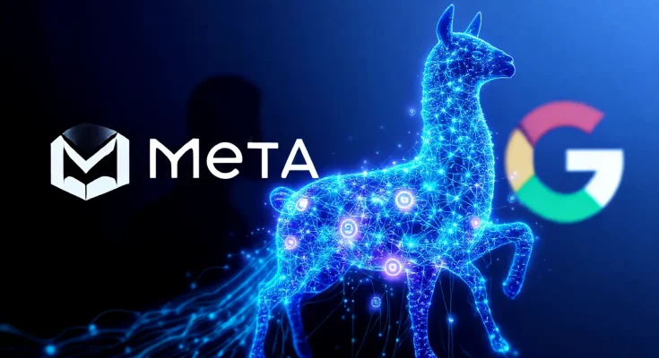 Futuristic illustration showing the Meta logo merging with a glowing Llama 4 AI neural network, challenging competitors OpenAI and Google, represented by background silhouettes. Highlights Meta's entry into the competitive AI model landscape with Llama 4.