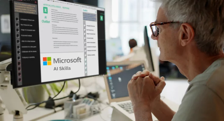 Focused learner participating in Microsoft's free AI training during the AI Skills Fest, aiming for a Guinness World Record. Image depicts online learning of AI concepts like machine learning and Azure, promoting accessible AI skills development.