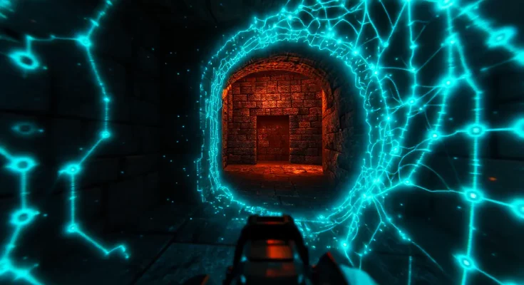 Conceptual image illustrating Microsoft's Muse AI generating a playable Quake II tech demo via Copilot, showing pixelated classic Quake II graphics being reconstructed by futuristic blue AI data streams. Represents AI in gaming and game preservation.