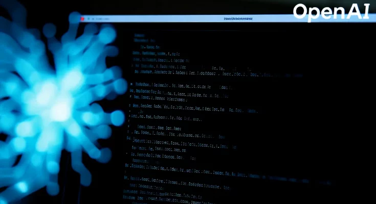 Conceptual image of the OpenAI Codex CLI, an open-source AI coding tool, integrated into a developer's dark-themed terminal window. Glowing blue AI graphics overlay lines of code, representing AI assistance in software development via the command-line interface.
