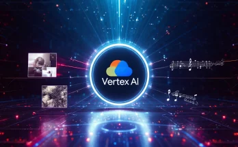 Google Cloud Vertex AI platform visualized as a central hub for generative AI, creating diverse media types including video, images, speech, and music simultaneously, demonstrating its comprehensive capabilities for AI-powered content creation.