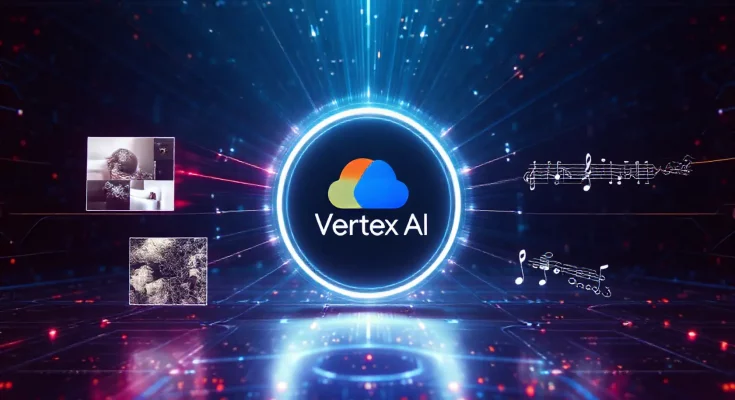 Google Cloud Vertex AI platform visualized as a central hub for generative AI, creating diverse media types including video, images, speech, and music simultaneously, demonstrating its comprehensive capabilities for AI-powered content creation.