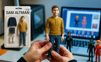A custom, personalized action figure designed using ChatGPT AI image generation, freshly 3D printed and held proudly. A 3D printer and laptop showing the AI design process are visible, illustrating the guide on how to 3D print your own AI action figure.