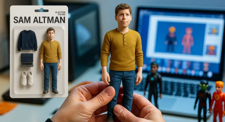 A custom, personalized action figure designed using ChatGPT AI image generation, freshly 3D printed and held proudly. A 3D printer and laptop showing the AI design process are visible, illustrating the guide on how to 3D print your own AI action figure.