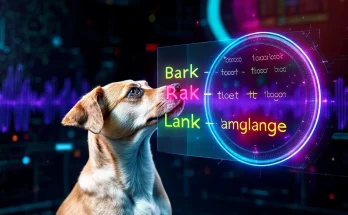 Baidu's AI Dog Translator concept showcasing a dog communicating through a digital interface that translates barks into human language. The image highlights technology elements like neural networks and sound wave patterns, representing the innovative bark-to-language technology.