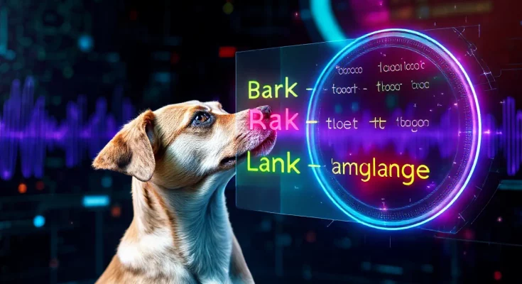 Baidu's AI Dog Translator concept showcasing a dog communicating through a digital interface that translates barks into human language. The image highlights technology elements like neural networks and sound wave patterns, representing the innovative bark-to-language technology.