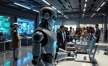 A futuristic office in Silicon Valley representing AI and automation in the workplace. Featuring humanoid robots working alongside humans, advanced technology, and the implications of job replacement by automation. The image symbolizes the growing intersection of AI advancements and its potential to replace human labor.