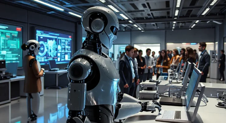 A futuristic office in Silicon Valley representing AI and automation in the workplace. Featuring humanoid robots working alongside humans, advanced technology, and the implications of job replacement by automation. The image symbolizes the growing intersection of AI advancements and its potential to replace human labor.
