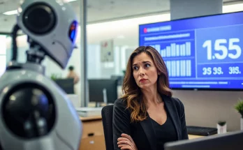 An illustration depicting a worried woman in an office, highlighting the impact of AI on women’s jobs, with elements showcasing traditional female roles like clerical work. The image emphasizes the UN report findings that AI poses a greater threat to women’s employment compared to men’s, illustrating the need for awareness and action in preserving women’s job security in the face of technological advancements.