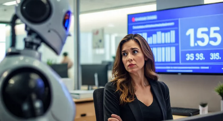 An illustration depicting a worried woman in an office, highlighting the impact of AI on women’s jobs, with elements showcasing traditional female roles like clerical work. The image emphasizes the UN report findings that AI poses a greater threat to women’s employment compared to men’s, illustrating the need for awareness and action in preserving women’s job security in the face of technological advancements.