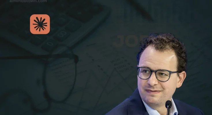 An illustration showing the dual impact of artificial intelligence on white-collar jobs, highlighting young professionals in one half and empty offices in the other, emphasizing the potential job losses and shifts in employment due to AI advancements.