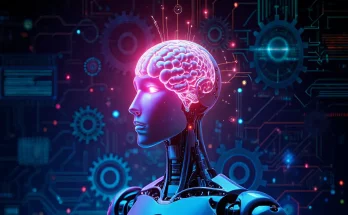 An abstract image showing a humanoid robot with a glowing brain, surrounded by neural network graphics and digital patterns, symbolizing the debate over artificial intelligence and consciousness. This visual represents the intersection of technology and human cognitive processes.