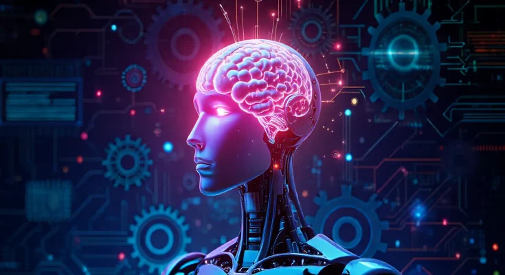 An abstract image showing a humanoid robot with a glowing brain, surrounded by neural network graphics and digital patterns, symbolizing the debate over artificial intelligence and consciousness. This visual represents the intersection of technology and human cognitive processes.