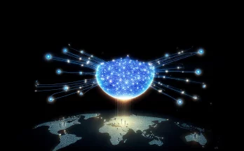 Distributed AI training concept showing a decentralized network across a globe feeding data into a central AI brain, illustrating how startups build large language models without data centers using crowd-sourced resources for democratized AI development.
