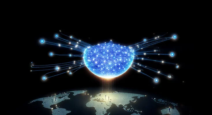 Distributed AI training concept showing a decentralized network across a globe feeding data into a central AI brain, illustrating how startups build large language models without data centers using crowd-sourced resources for democratized AI development.
