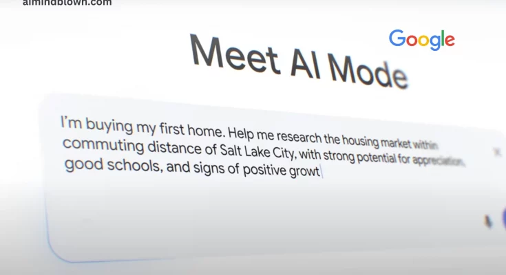 Futuristic illustration of Google Search AI Mode features including advanced reasoning, multimodal questions, and visual search techniques, depicting users interacting with innovative digital technology for personalized and intelligent search experiences.