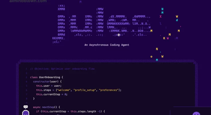 A digital illustration of Google's 'Jules', an asynchronous coding agent, depicted as a friendly robot at a computer, showcasing software development tasks with GitHub integration and cloud computing icons, representing advancements in coding technology.