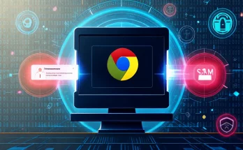 Google's Gemini Nano AI for Chrome scam protection, showcasing a futuristic computer screen displaying alerts for potential scams with the Chrome logo, reflecting enhanced user safety through advanced machine learning technology.