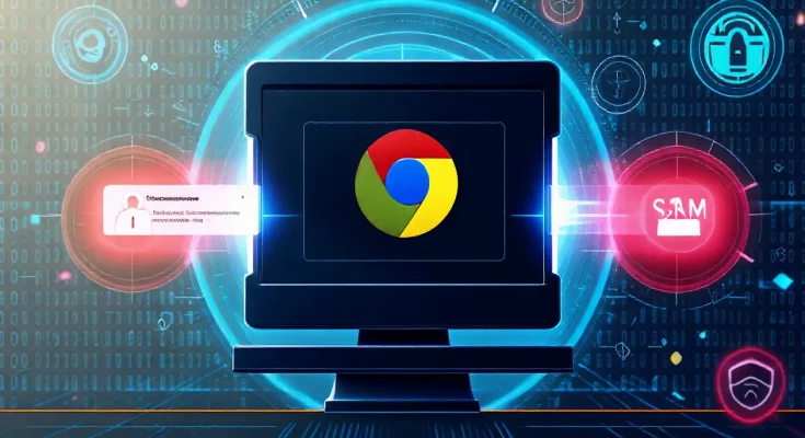 Google's Gemini Nano AI for Chrome scam protection, showcasing a futuristic computer screen displaying alerts for potential scams with the Chrome logo, reflecting enhanced user safety through advanced machine learning technology.