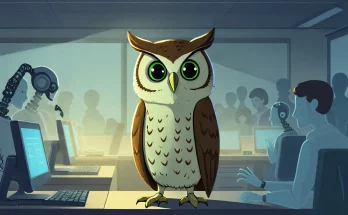 The Duolingo owl mascot stands amidst AI interfaces and robotic arms operating computers in an office, representing the AI jobs crisis as human workers fade into the background, symbolizing automation and workforce reduction.