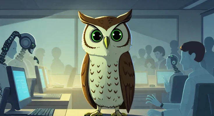 The Duolingo owl mascot stands amidst AI interfaces and robotic arms operating computers in an office, representing the AI jobs crisis as human workers fade into the background, symbolizing automation and workforce reduction.