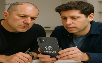 Futuristic AI hardware device designed by Jony Ive and Sam Altman, set in a modern home environment. The sleek design with elegant curves represents innovation and intelligent technology, showcasing OpenAI's collaboration with top designers to enhance user experience in daily life.
