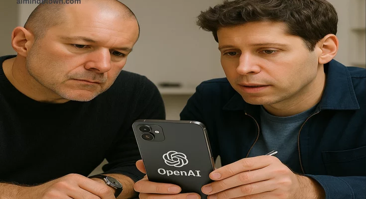 Futuristic AI hardware device designed by Jony Ive and Sam Altman, set in a modern home environment. The sleek design with elegant curves represents innovation and intelligent technology, showcasing OpenAI's collaboration with top designers to enhance user experience in daily life.