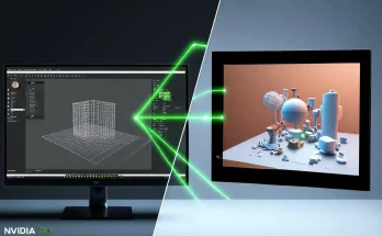 Visual representation of the NVIDIA AI Blueprint for 3D-Guided Generative AI: A split view comparing a 3D wireframe scene in Blender to the final, composition-controlled AI-generated image, demonstrating advanced creative control in AI image generation using NVIDIA technology.