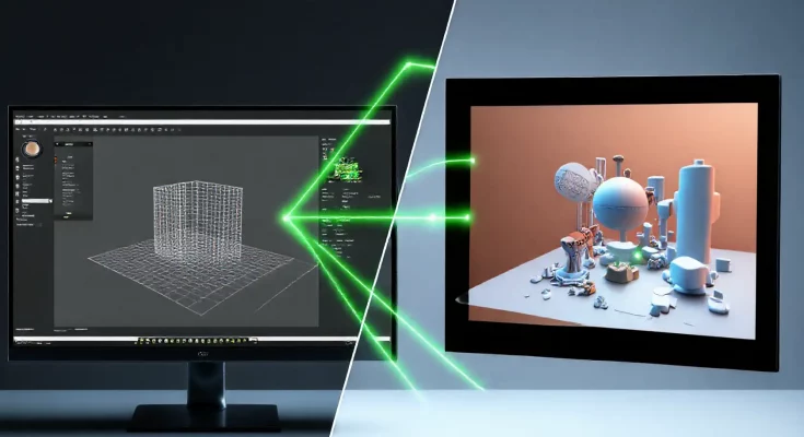 Visual representation of the NVIDIA AI Blueprint for 3D-Guided Generative AI: A split view comparing a 3D wireframe scene in Blender to the final, composition-controlled AI-generated image, demonstrating advanced creative control in AI image generation using NVIDIA technology.