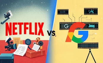 Featured image illustrating the competition between Netflix and Google AI in moviemaking. The image features the Netflix logo alongside traditional filmmaking tools, contrasted with the Google logo and elements of AI technology, set against a cinematic background representing innovation in streaming content.