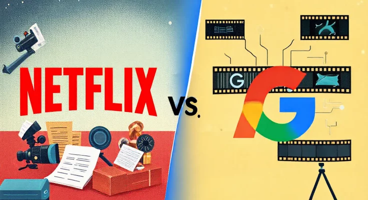 Featured image illustrating the competition between Netflix and Google AI in moviemaking. The image features the Netflix logo alongside traditional filmmaking tools, contrasted with the Google logo and elements of AI technology, set against a cinematic background representing innovation in streaming content.