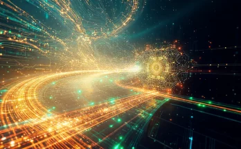 Conceptual digital art illustrating Nvidia's AI superhighway to practical quantum computing: glowing streams of data representing AI converge on a complex quantum processor, symbolizing the integration and acceleration of quantum technology through artificial intelligence.