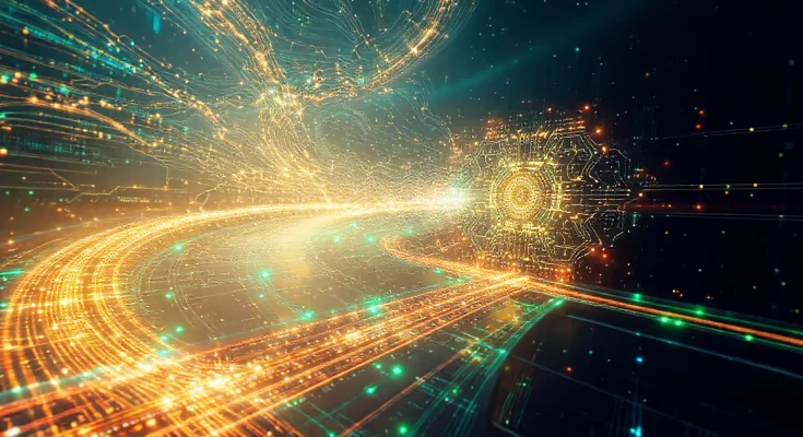 Conceptual digital art illustrating Nvidia's AI superhighway to practical quantum computing: glowing streams of data representing AI converge on a complex quantum processor, symbolizing the integration and acceleration of quantum technology through artificial intelligence.