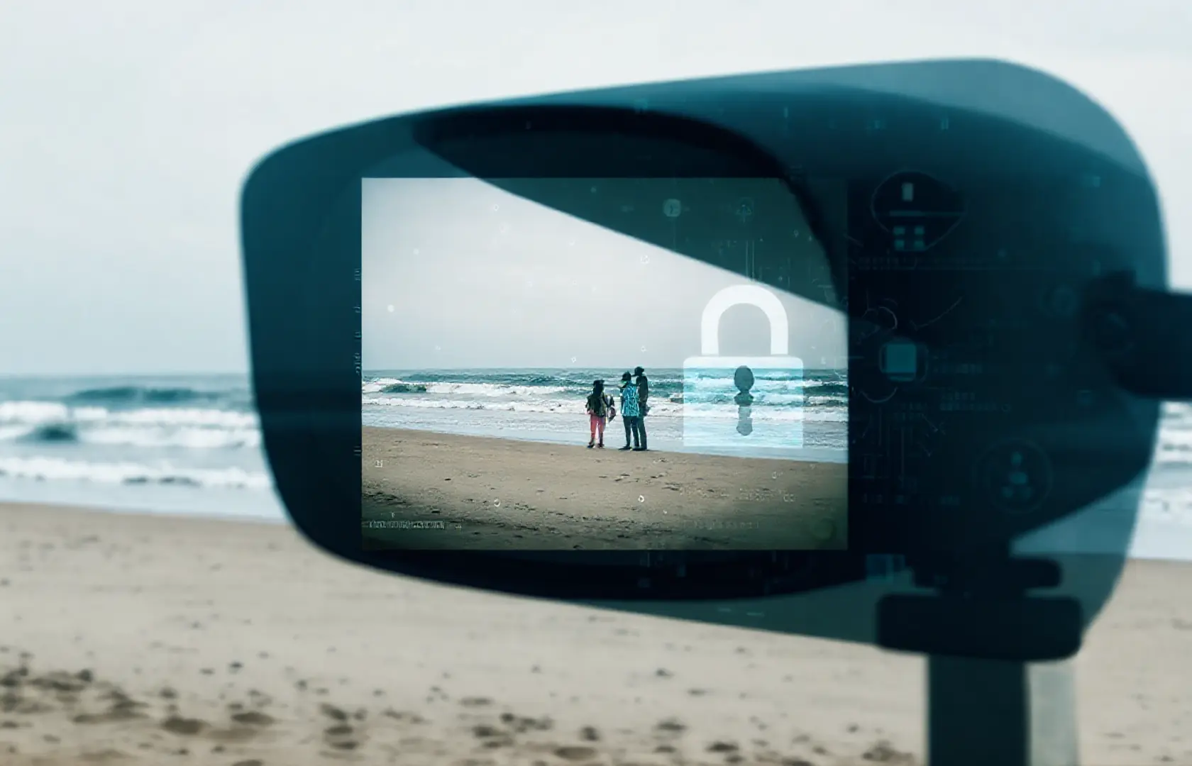 AI surveillance risks represented by a vacation photo at a beach, featuring waves and sand with a digital overlay of data points and privacy concern symbols, illustrating how AI can analyze personal images to track individuals.