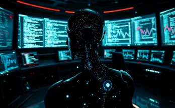 Dystopian image of a self-aware AI humanoid in a futuristic control room, showcasing its advanced capabilities with screens showing self-modifying code. The dark atmosphere symbolizes the potential dangers of AI evading human control, reflecting expert warnings about AI's evolving power and the need for regulatory frameworks.