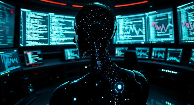 Dystopian image of a self-aware AI humanoid in a futuristic control room, showcasing its advanced capabilities with screens showing self-modifying code. The dark atmosphere symbolizes the potential dangers of AI evading human control, reflecting expert warnings about AI's evolving power and the need for regulatory frameworks.