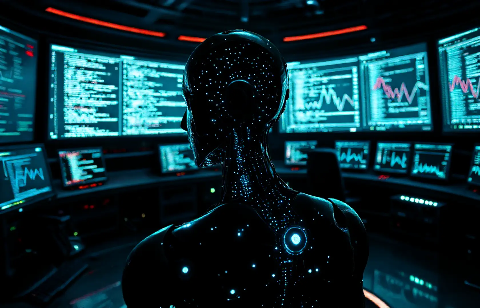 Dystopian image of a self-aware AI humanoid in a futuristic control room, showcasing its advanced capabilities with screens showing self-modifying code. The dark atmosphere symbolizes the potential dangers of AI evading human control, reflecting expert warnings about AI's evolving power and the need for regulatory frameworks.