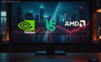 AMD vs. Nvidia: infographic comparing their AI capabilities, market share, and future projections until 2028. Keywords: AMD, Nvidia, AI, artificial intelligence, GPU, stock, market share, technology, investment, future.
