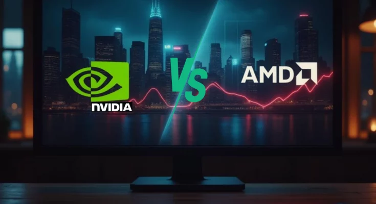 AMD vs. Nvidia: infographic comparing their AI capabilities, market share, and future projections until 2028. Keywords: AMD, Nvidia, AI, artificial intelligence, GPU, stock, market share, technology, investment, future.
