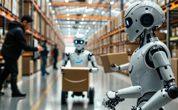 Amazon AI-powered robots in a high-tech warehouse, processing natural language commands and delivering packages. The image highlights innovation and efficiency in robotics and supply chain optimization.