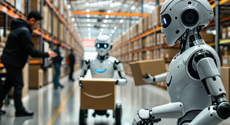 Amazon AI-powered robots in a high-tech warehouse, processing natural language commands and delivering packages. The image highlights innovation and efficiency in robotics and supply chain optimization.