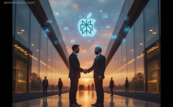 Apple logo and Perplexity AI logo merging, symbolizing a potential acquisition. Keywords: Apple, Perplexity AI, acquisition, AI, artificial intelligence, tech industry, merger, technology, search engine, innovation.