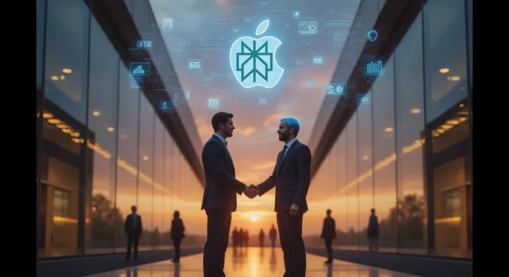 Apple logo and Perplexity AI logo merging, symbolizing a potential acquisition. Keywords: Apple, Perplexity AI, acquisition, AI, artificial intelligence, tech industry, merger, technology, search engine, innovation.