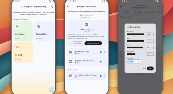 Featured image illustrating the Google AI Edge Gallery app on a smartphone, showcasing offline AI features such as 'Ask Image', 'AI Chat', and 'Prompt Lab'. The image highlights a modern phone design with a background representing offline connectivity, ideal for SEO related to offline AI capabilities on mobile devices.