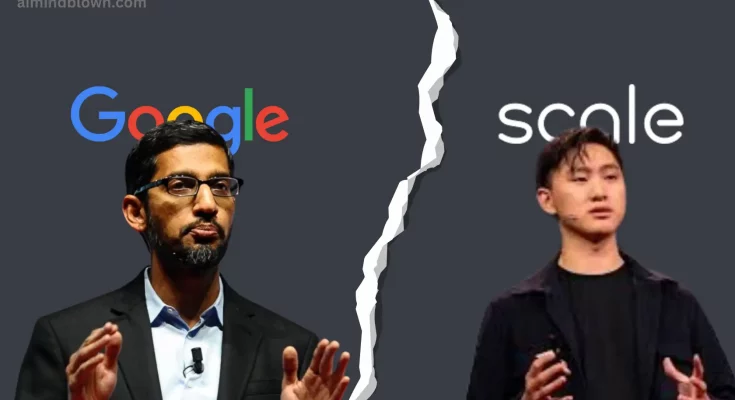 Image illustrating the competitive tech landscape featuring Google, Meta, and Microsoft in the AI sector. Icons representing investment dynamics, data annotation, and key technologies such as self-driving cars create a backdrop of tension and uncertainty in artificial intelligence partnerships as Google cuts ties with Scale AI.