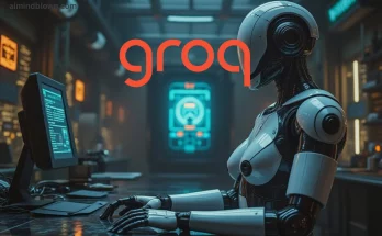 Futuristic representation of AI invention, highlighting the concept of Large Language Models (LLMs) generating original ideas. The image features interconnected neural networks, gears, and light bulbs, symbolizing creativity and technological advancement, set against a vibrant city skyline background. This visual encapsulates Groq's vision for a future where AI plays a crucial role in invention.