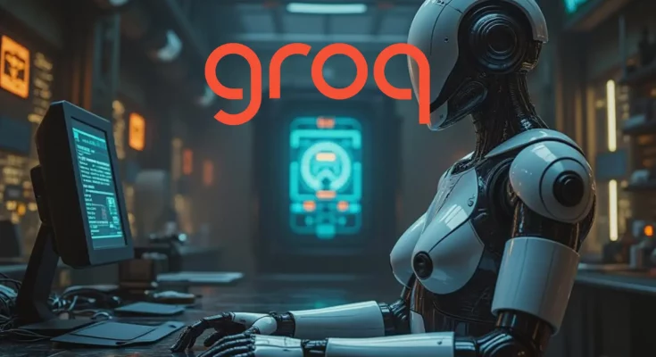 Futuristic representation of AI invention, highlighting the concept of Large Language Models (LLMs) generating original ideas. The image features interconnected neural networks, gears, and light bulbs, symbolizing creativity and technological advancement, set against a vibrant city skyline background. This visual encapsulates Groq's vision for a future where AI plays a crucial role in invention.