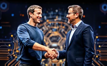 Meta CEO Mark Zuckerberg hires Daniel Gross and Nat Friedman after failed $32B AI acquisition attempt. Image shows Zuckerberg, Gross, and Friedman shaking hands against a backdrop of AI-related imagery.