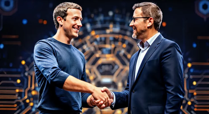 Meta CEO Mark Zuckerberg hires Daniel Gross and Nat Friedman after failed $32B AI acquisition attempt. Image shows Zuckerberg, Gross, and Friedman shaking hands against a backdrop of AI-related imagery.